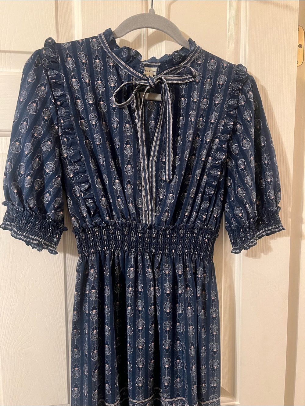 Like New Max Studio Cottagore Navy Blue Patterned Maxi Dress Size Small - Picture 7 of 16